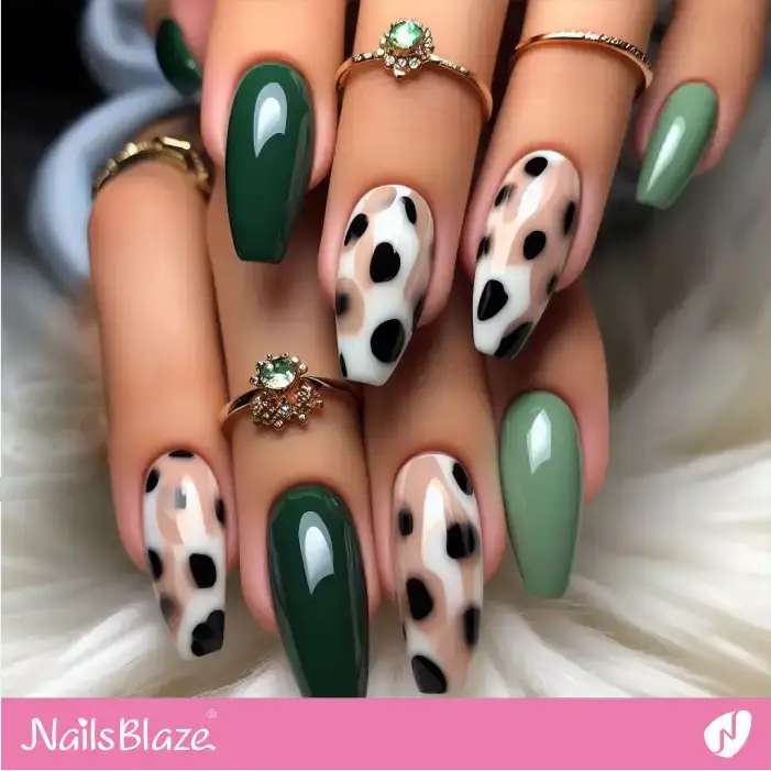 Glossy Green Nails with Dalmatian Print Nail Art | Animal Print Nails - NB1972